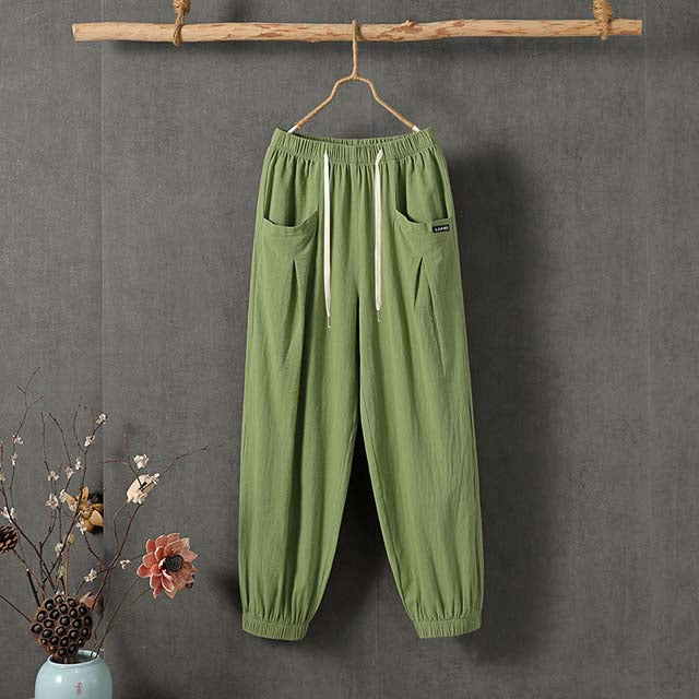 【Coton Et Lin】Pantalon Décontracté De Couleur Unie