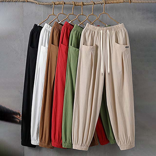 【Coton Et Lin】Pantalon Décontracté De Couleur Unie