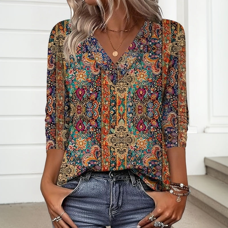 【Manches Longues】T-Shirt À Imprimé Ethnique Vintage