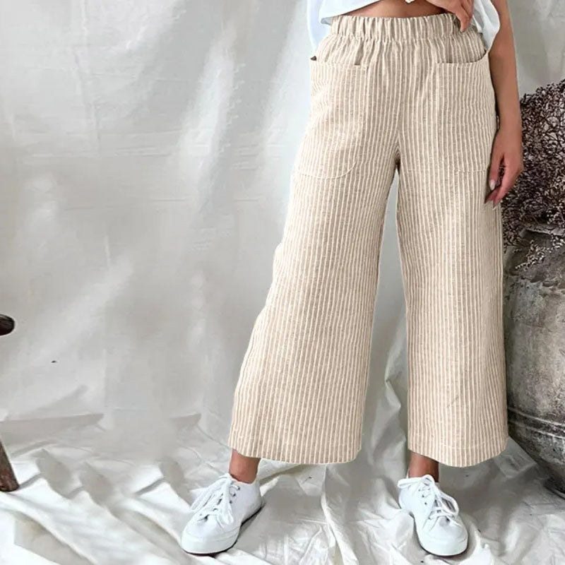 【Coton Et Lin】Pantalon Décontracté À Rayures