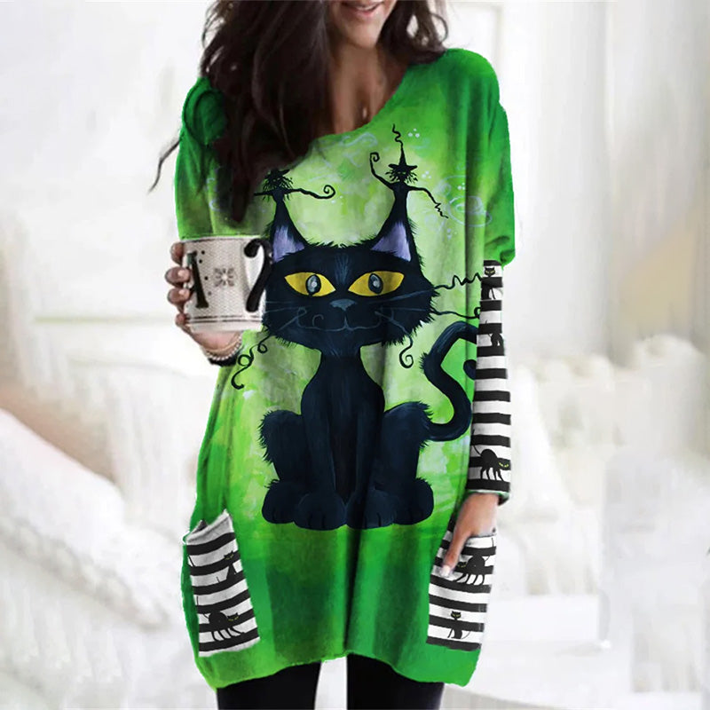 Robe Chemise D'Halloween À Imprimé Chat