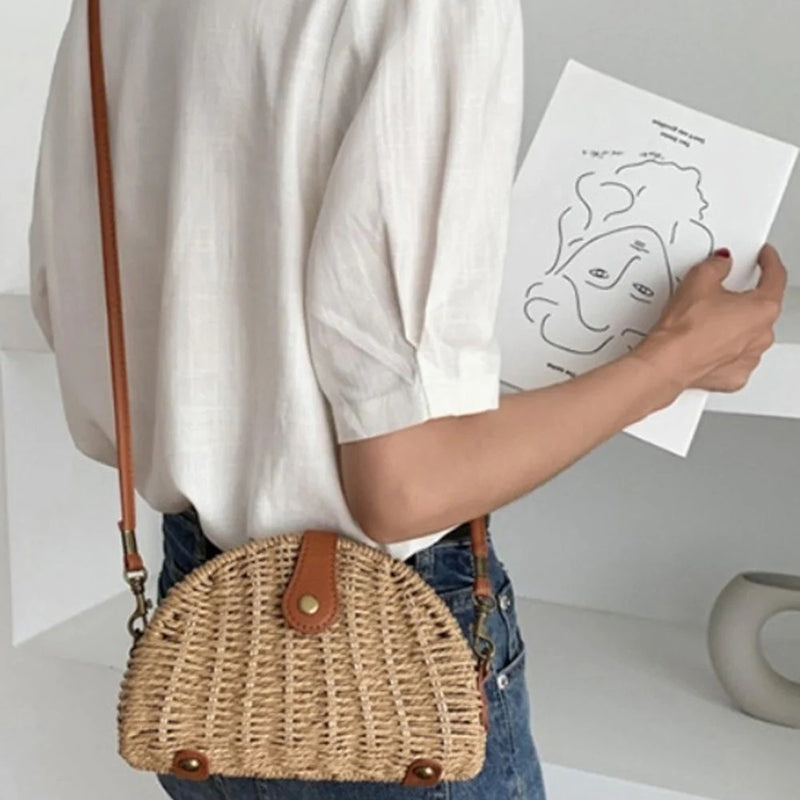 Sac Vintage En Paille Demi-Ronde
